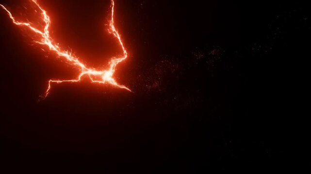 Glowing orange lightning crack pattern with sparks across a dark black background