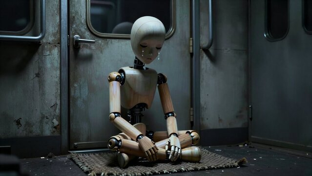 Wooden robot sits alone, tears falling from sad face on rusty train platform.