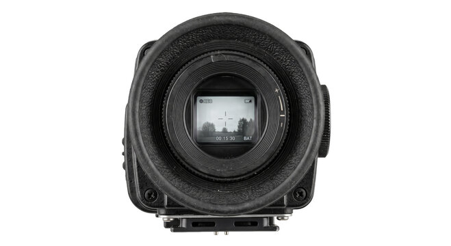 Close-up view of a digital camera viewfinder displaying a landscape scene