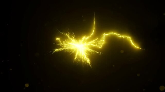 Bright yellow electrical lightning spark discharging energy on dark background
