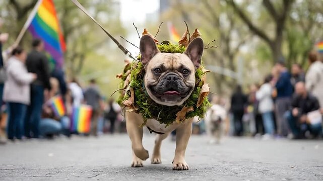 French bulldog wearing a nature costume walks at a pride parade festival