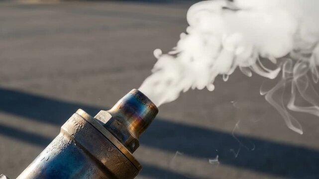 stainless steel discharge nozzle releasing a powerful burst of white steam through a tarnished metal vent