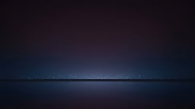 Night city lights, water reflection and dark horizon for backdrop, digital wallpaper and creative design. Minimalist landscape, starry sky and calm ocean with copy space, serene mood and navy blue to