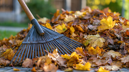 Obraz premium raking fallen autumn leaves in garden with rake, seasonal yard cleanup and outdoor gardening concept for fall maintenance, landscaping, composting and household chores