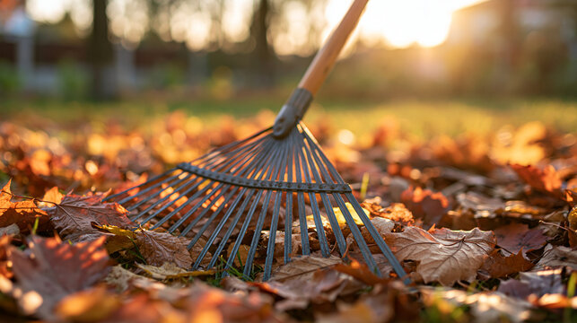 raking fallen autumn leaves in garden with rake, seasonal yard cleanup and outdoor gardening concept for fall maintenance, landscaping, composting and household chores