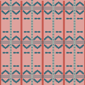 Ethnic Geometric Seamless Vector Pattern with Tribal Pixel Art Motifs in Coral Pink and Deep Teal Green