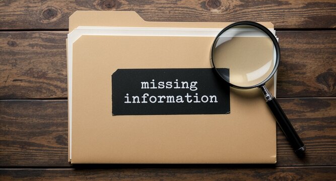 A manila folder labeled missing information lies on a rustic wooden surface next to a black magnifying glass, conceptualizing a data audit, corporate research, and document investigation