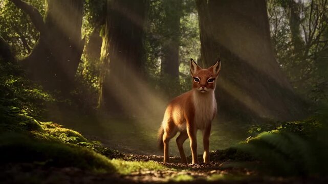 Wild canid exploring sunlit forest understory with natural light beams with sun dappled forest floor