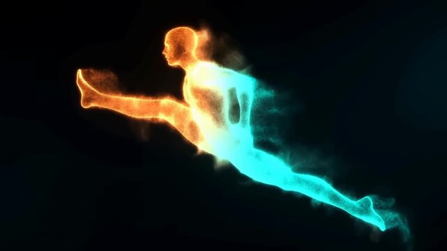 Glowing Particle Human Silhouette Leaping in Mid Air Against Black Background