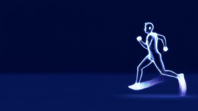 Glowing digital human running with colorful particle trails on dark blue background