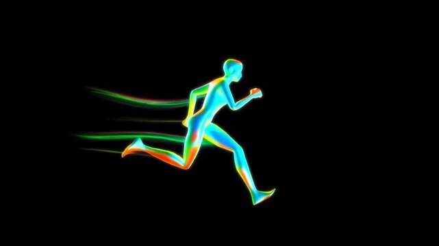 Neon human runner strides across black background with glowing motion trails