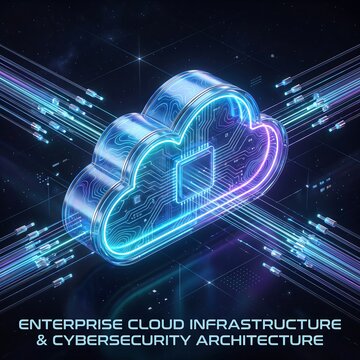 3D isometric glass cloud microchip computing infrastructure with glowing data cables