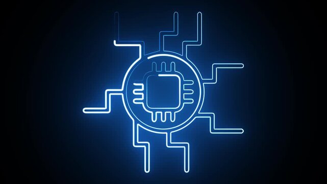 Digital circuit animation. Glowing blue microchip with electronic circuit lines on a dark background.
