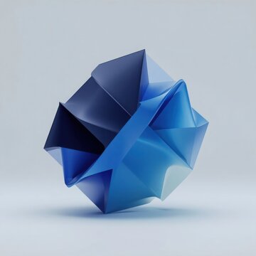 Geometric blue folded polyhedral structure with sharp angles for modern design concepts.