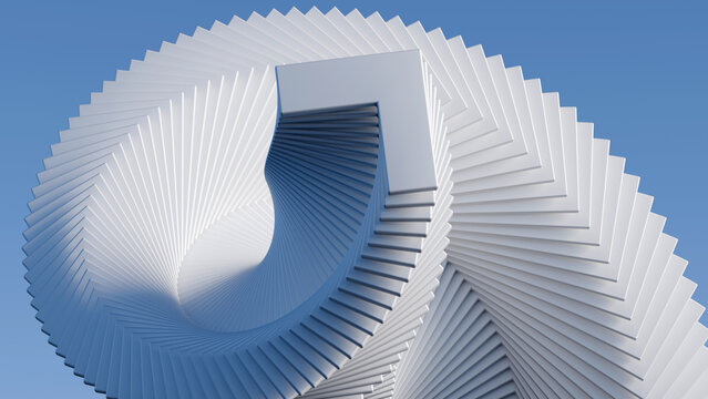 Abstract 3D white geometric spiral sculpture with upward arrow shape under blue sky. Perfect background for modern business growth, corporate branding, and technology presentation decks