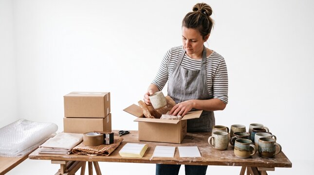 Woman artist carefully packing handmade ceramic mugs into a cardboard box for shipping