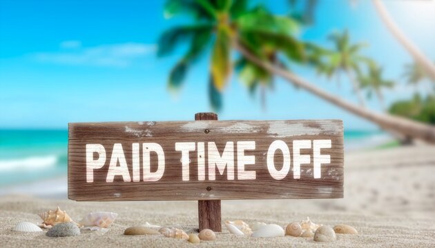 A rustic wooden sign with the text paid time off stands on a sandy tropical beach with seashells and blurred palm trees, conceptualizing employee vacation benefits and work life balance.