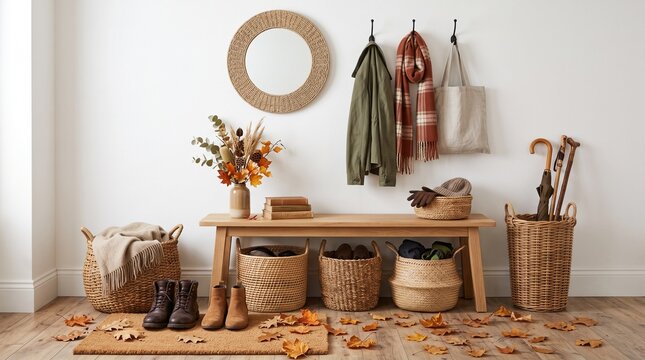 Cozy autumn entryway organization with woven baskets and seasonal decor