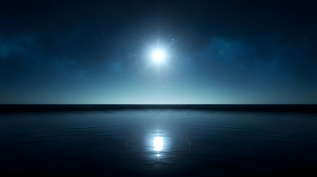 Night sky reflection, ocean and star with water at evening for background, wallpaper and meditation. Sea, moonlight and cosmic with space, nature and horizon for peaceful advertising scene set.