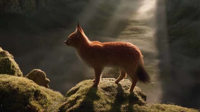Cautious wild canine navigating sunlit mossy terrain amidst forest shadows with outcrop covered lush