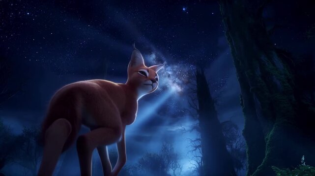 Feline exploring mystical twilight forest under starry night sky with night illuminated celestial