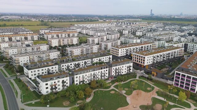 Wroclaw, Poland. Aerial view of Jagodno residential district known for excessively dense development, as well as problems with transport and public infrastructure