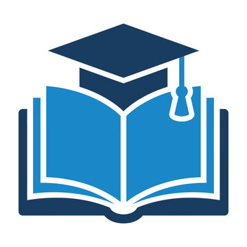 Academic graduation cap on top of an open book icon with knowledge base