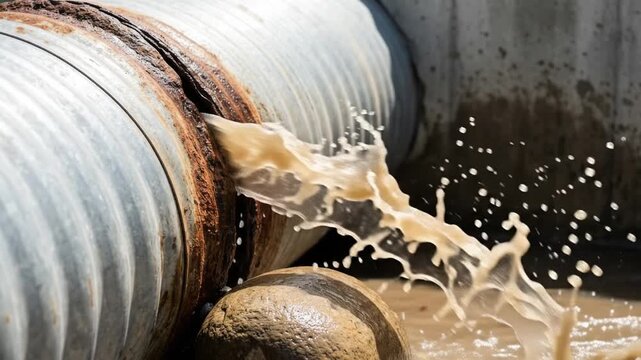 Rusted pipe spraying brown water through a gap between corrugated galvanized steel sections at a corroded seam