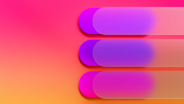 Glassmorphism Gradient Infographic Banners Vector. Abstract 3D Frosted Glass Rounded Oblong Shapes, Trendy Translucent Plastic UI Templates on Vibrant Soft Pink to Orange Blurred Background