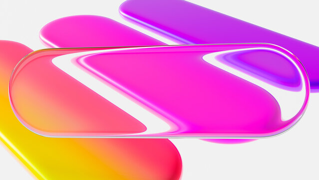 Trendy Glossy Liquid 3D Oblong Shapes with Vibrant Neon Gradient. Creative Abstract Glassmorphism Capsules, Translucent Acrylic Crystals, Futuristic UI Design Elements