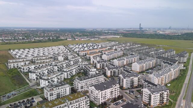 Wroclaw, Poland. Aerial panorama of Jagodno residential district known for excessively dense development, as well as problems with transport and public infrastructure