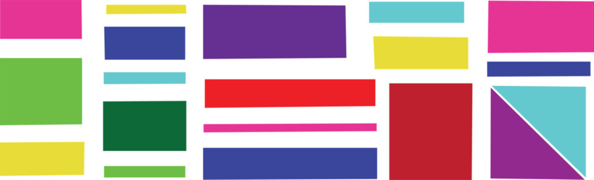 Abstract composition of various colorful geometric shapes and rectangles arranged on a plain white background