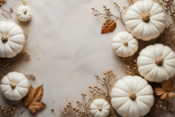 Obraz premium White pumpkins and autumn foliage are artfully arranged on a light, draped fabric surface.