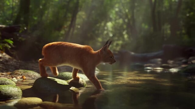 Wild feline crossing shallow stream in lush forest setting with natural sunlight with dappled light