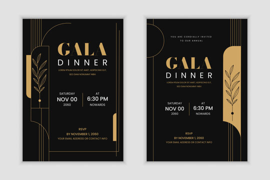 Premium gala dinner invitation card set with art deco golden geometric lines, botanical branch illustrations, and elegant black luxury background design for VIP event and celebration