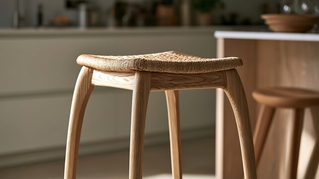 Minimalist wooden bar stool with woven seat in modern kitchen.