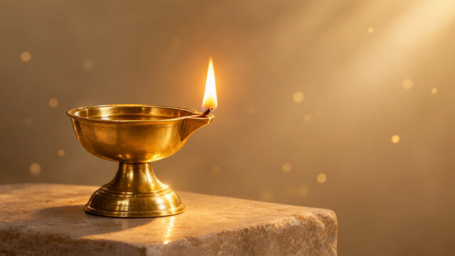 Elegant Brass Diya Lamp with Glowing Flame on Stone Pedestal &ndash; Indian Festive Spiritual Still Life
