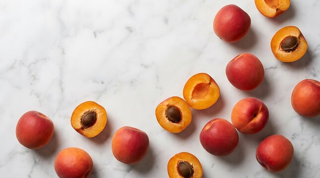 Fresh delicious apriums arranged on a white marble background with sliced fruit and pits showing top view