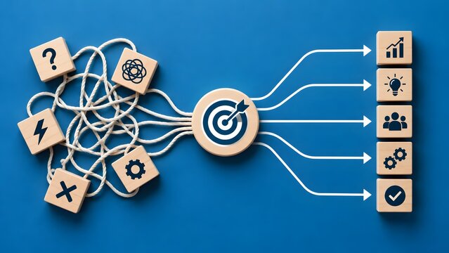 Innovation and process management concept transforming diverse icon blocks through central target into structured outcome goals
