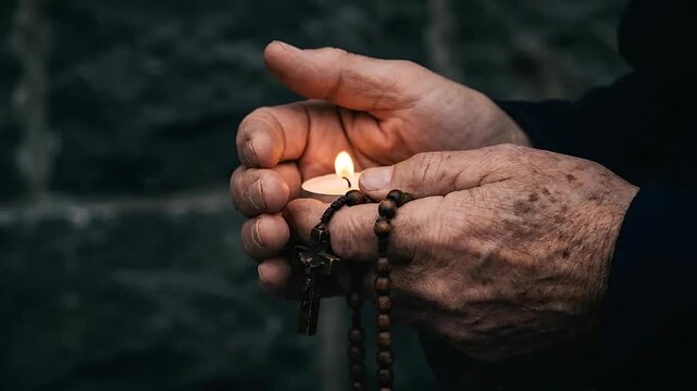 Elderly hands holding a lit candle and wooden rosary beads during quiet prayer in dark setting