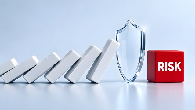 Business risk protection and security shield concept stopping falling domino blocks from hitting red risk block