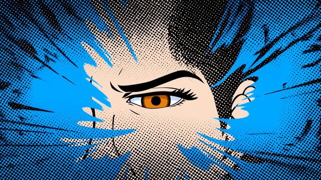 Illustrated woman narrows eye amid blue streaks in bold halftone comic portrait