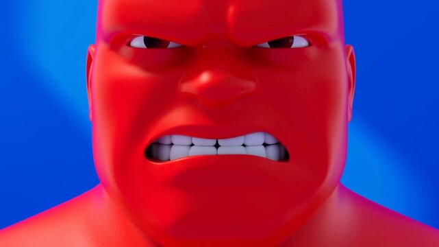 Stern bald 3D male face staring forward against blue background with red lighting