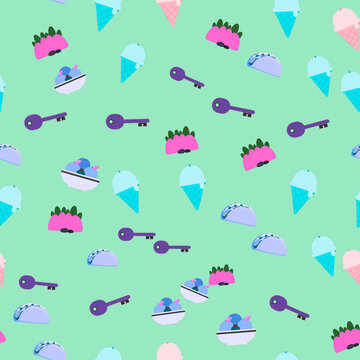 Seamless pattern with ice cream, tacos, and keys