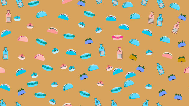 Seamless pattern of tacos, hot dogs, and drinks