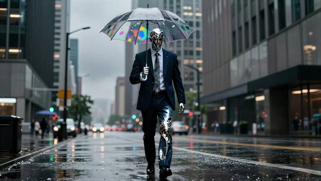 Rainy city street, metallic figure walks under colorful umbrella.