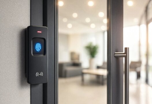 Illuminated biometric security scanner mounted at a modern retail entrance, featuring electronic access control technology for identification, authentication, surveillance, safety, and convenience.