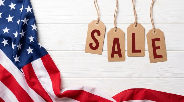  American Flag with Hanging Sale Price Tags on White Wooden Background