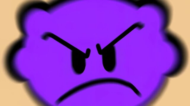 Angry purple cartoon cloud face with stern expression against plain beige background
