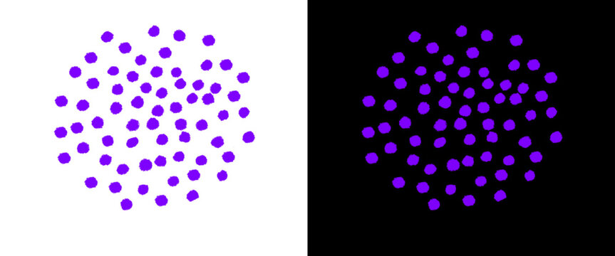 Purple polka dot pattern set, abstract violet circular spots on white and black backgrounds, minimalist hand drawn organic dot cluster illustration